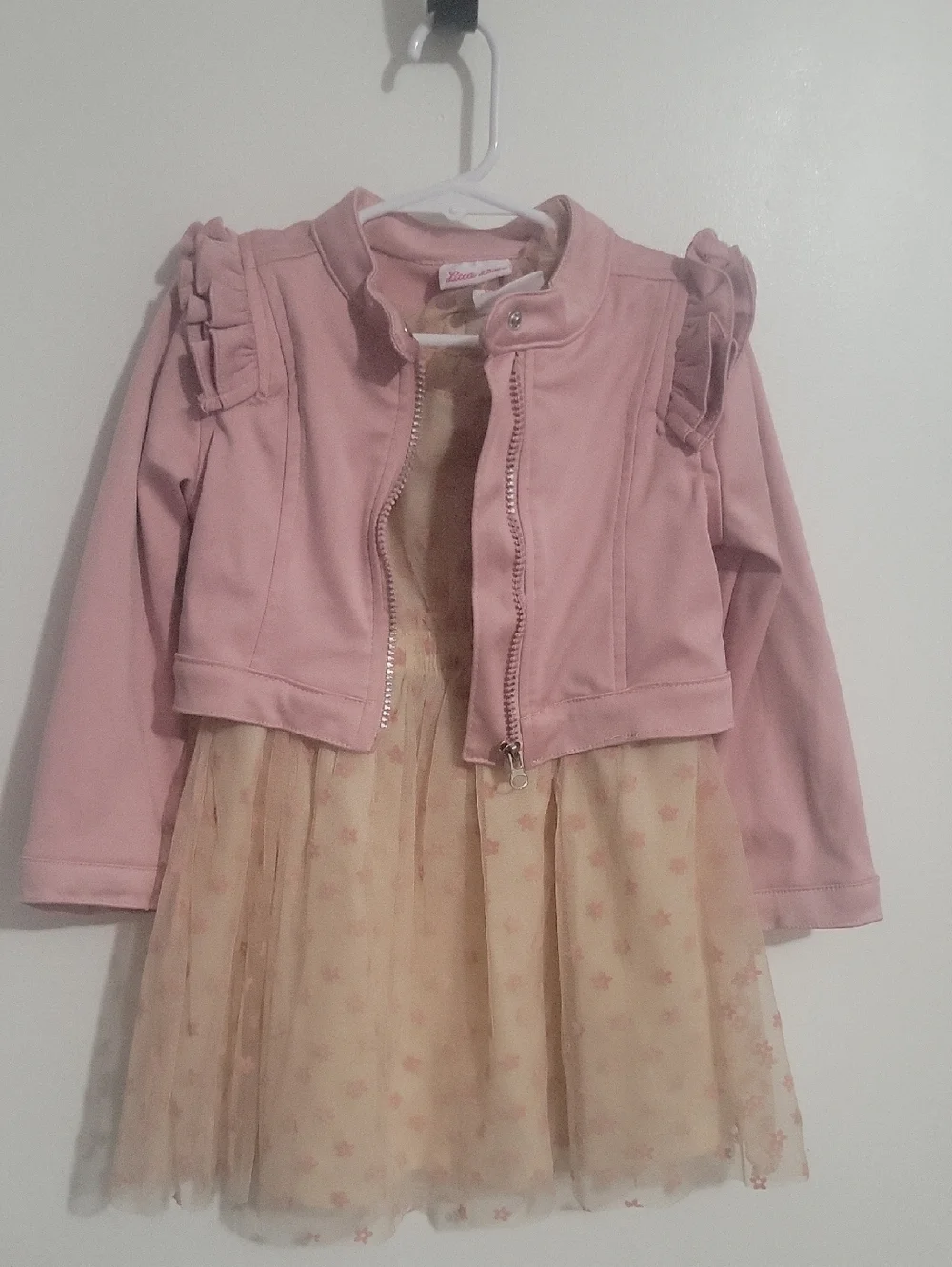 Little Lass Pink Jacket with Cream Star Tulle Dress - Picture 1 of 3
